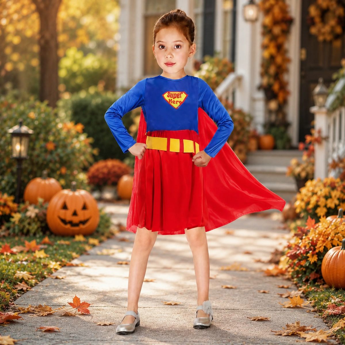 Kids Superhero Costume Girls Cape Dress or Boys Jumpsuit with Belt