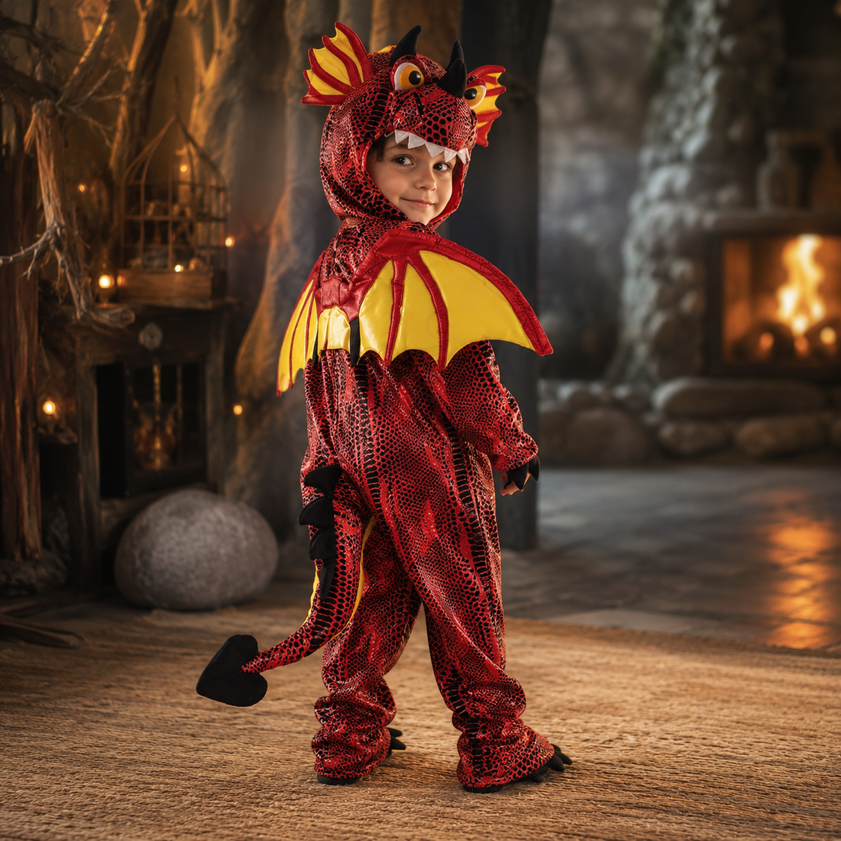 Kids Red Dragon Costume Hooded Jumpsuit with Wings and Tail Halloween