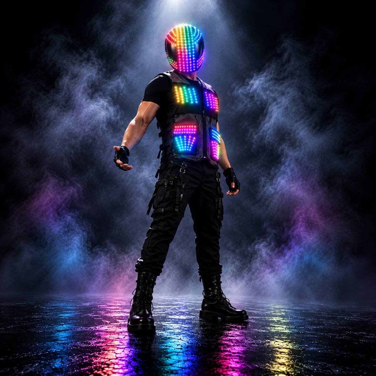 LED Helmet and Vest Set RGB Light Up DJ Costume Full Face Helmet Stage