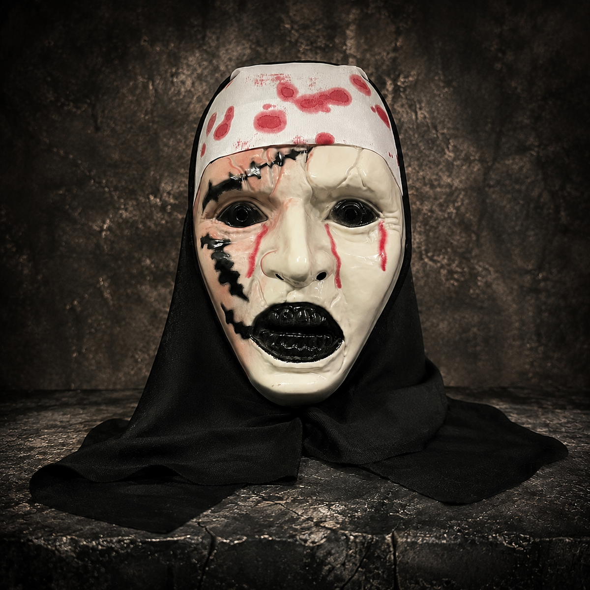 Bloody Nun Horror Mask with Black Hood Halloween Scary Face Mask