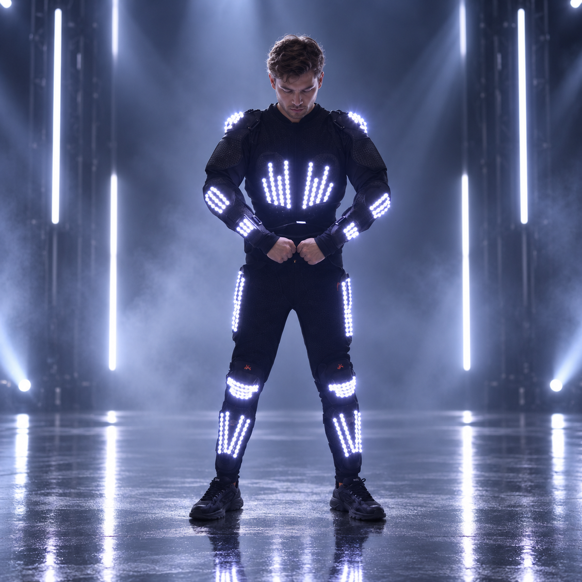 LED Light Up Performance Suit Black Padded Armor White LED Strips