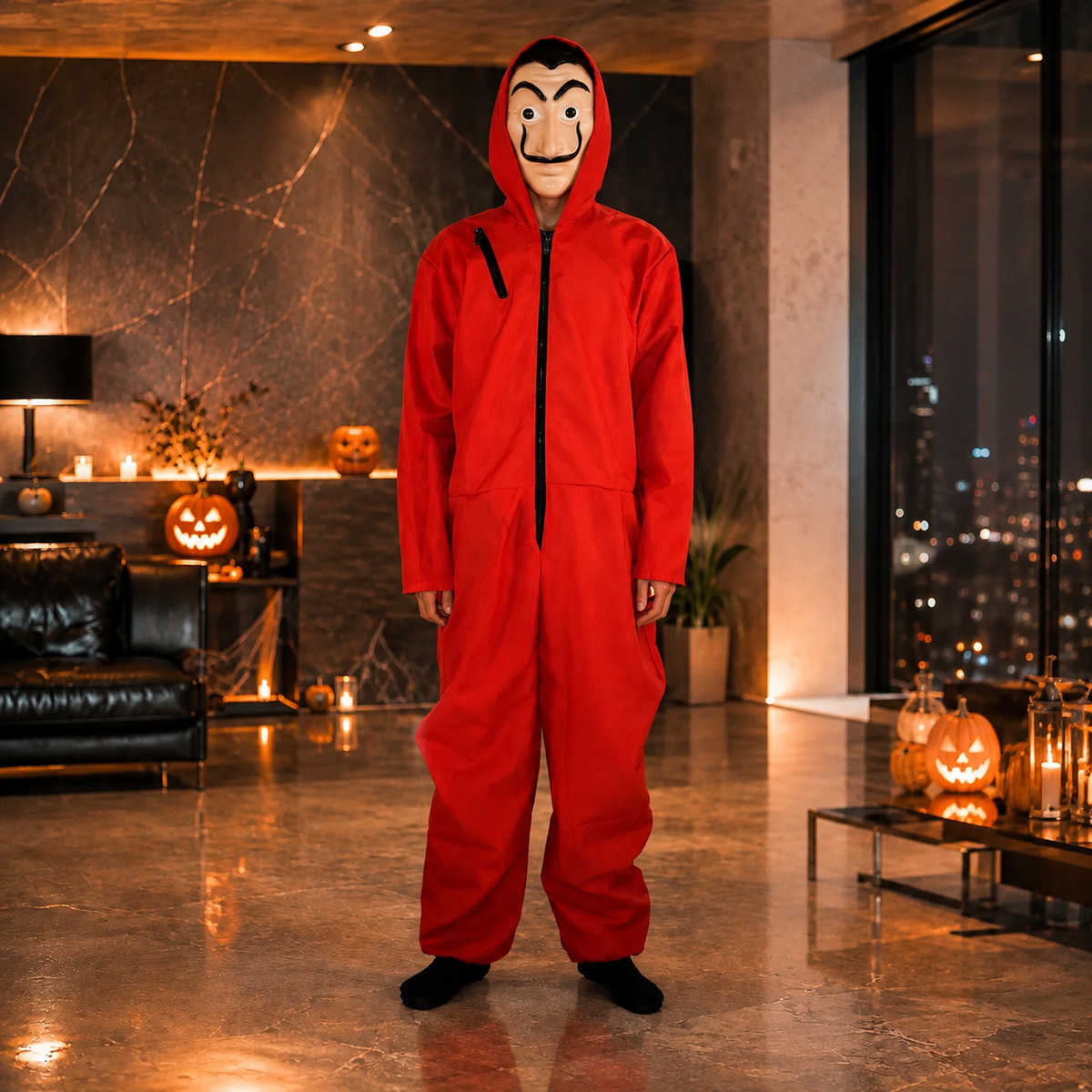 Money Heist Red Jumpsuit Costume with Dali Mask Hooded Coverall Adult