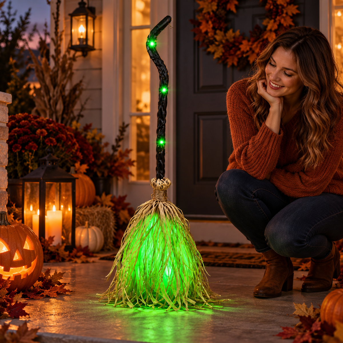 Light Up Witch Broom Halloween Decor Green LED Twisted Handle