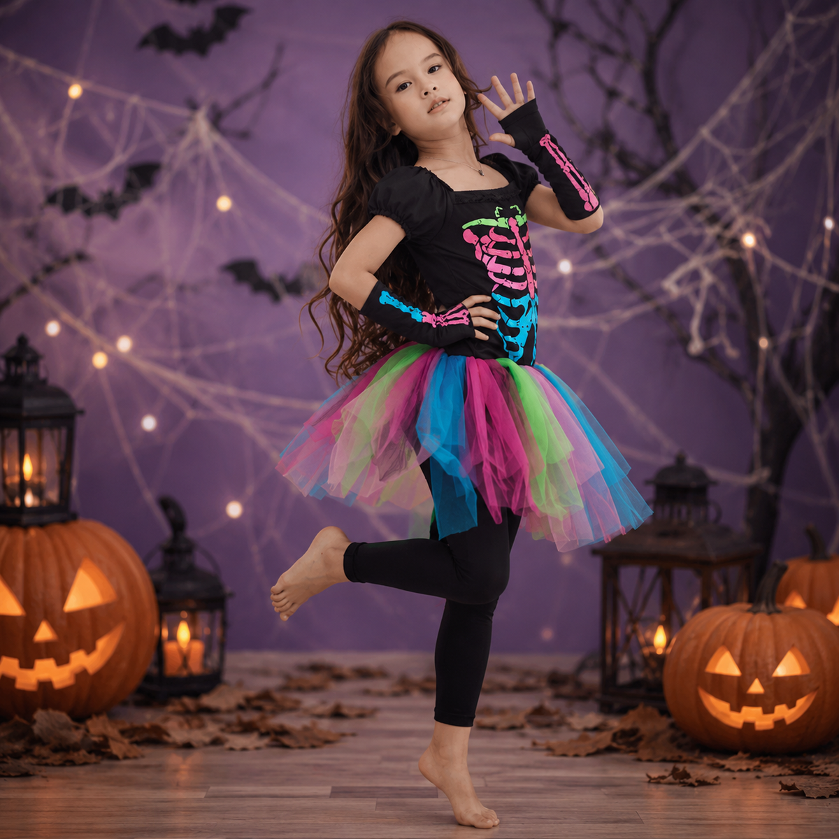 Girls Rainbow Skeleton Tutu Dress Costume Neon Bone Print Halloween