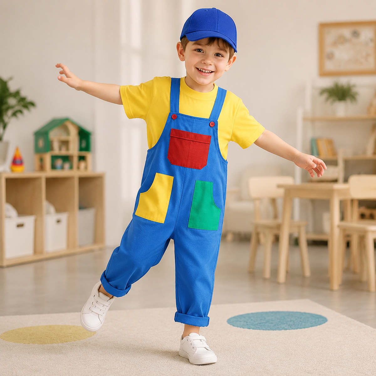 Kids Plumber Costume Colorblock Bib Overalls T Shirt Cap 3 Piece Set