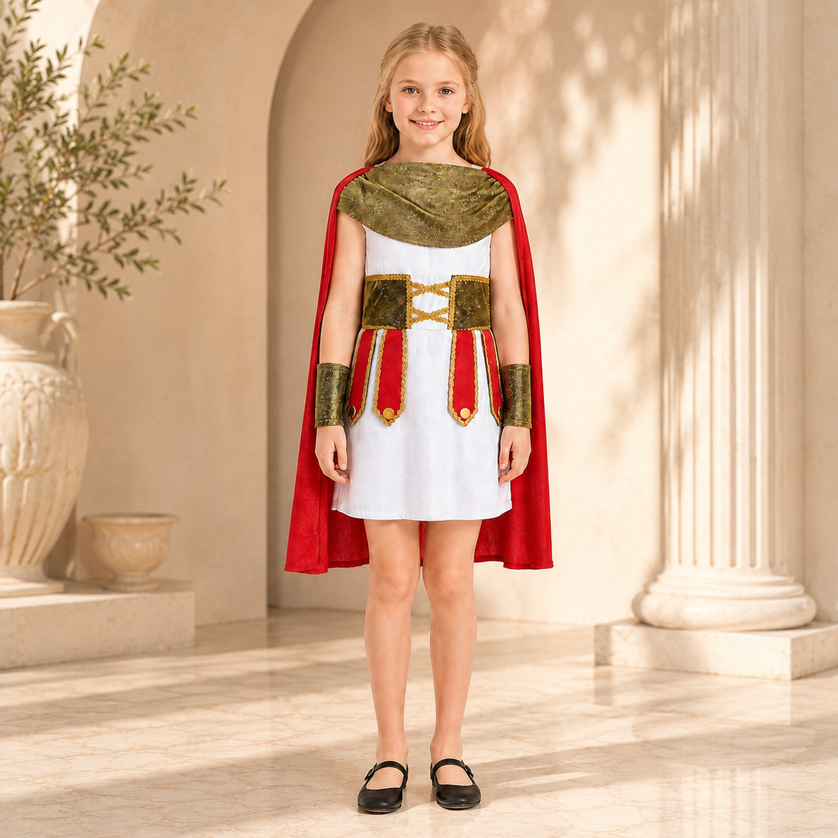 Girls Roman Warrior Costume White Dress Red Cape Gold Cuffs Gladiator