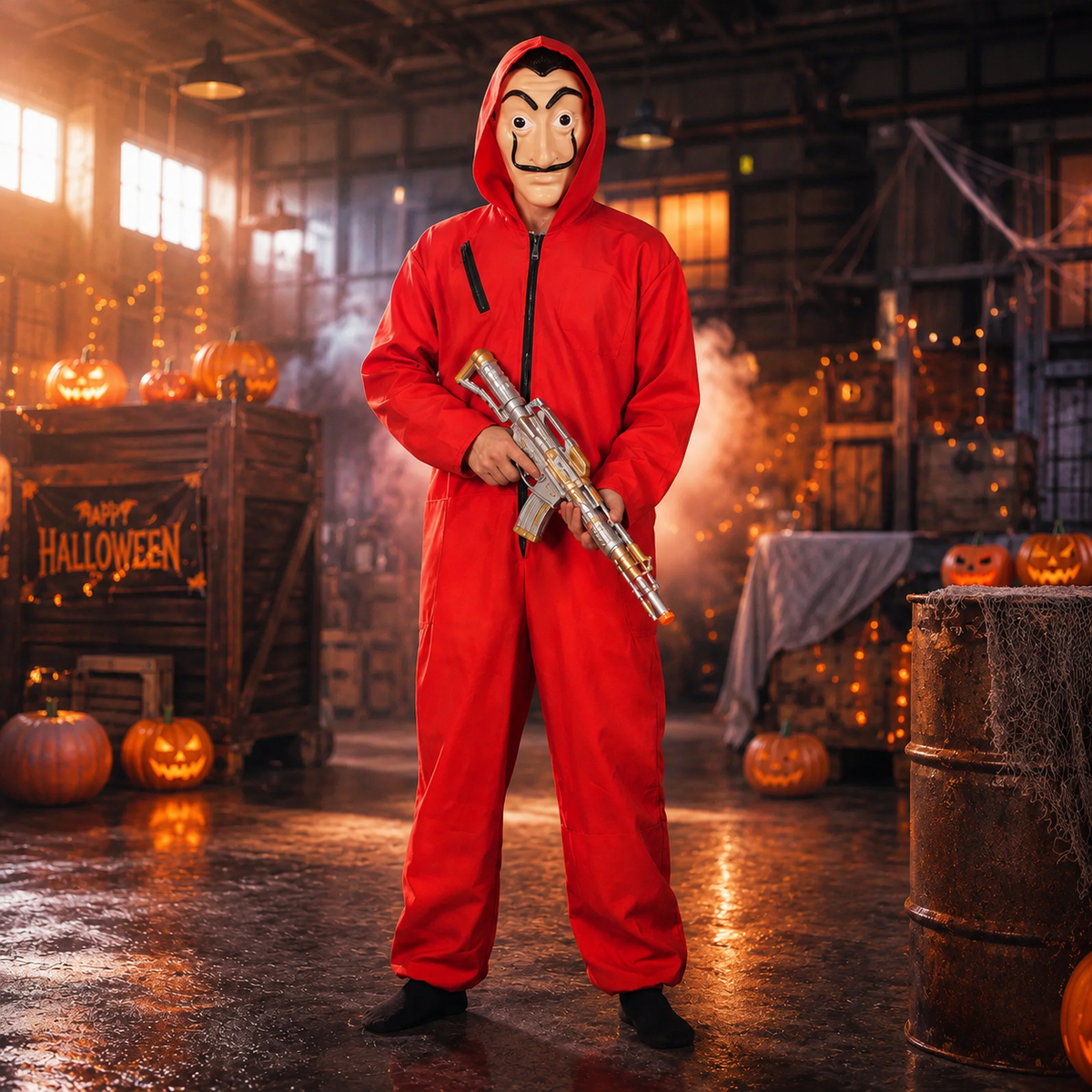 Money Heist Red Jumpsuit Costume with Dali Mask Hooded Coverall Adult