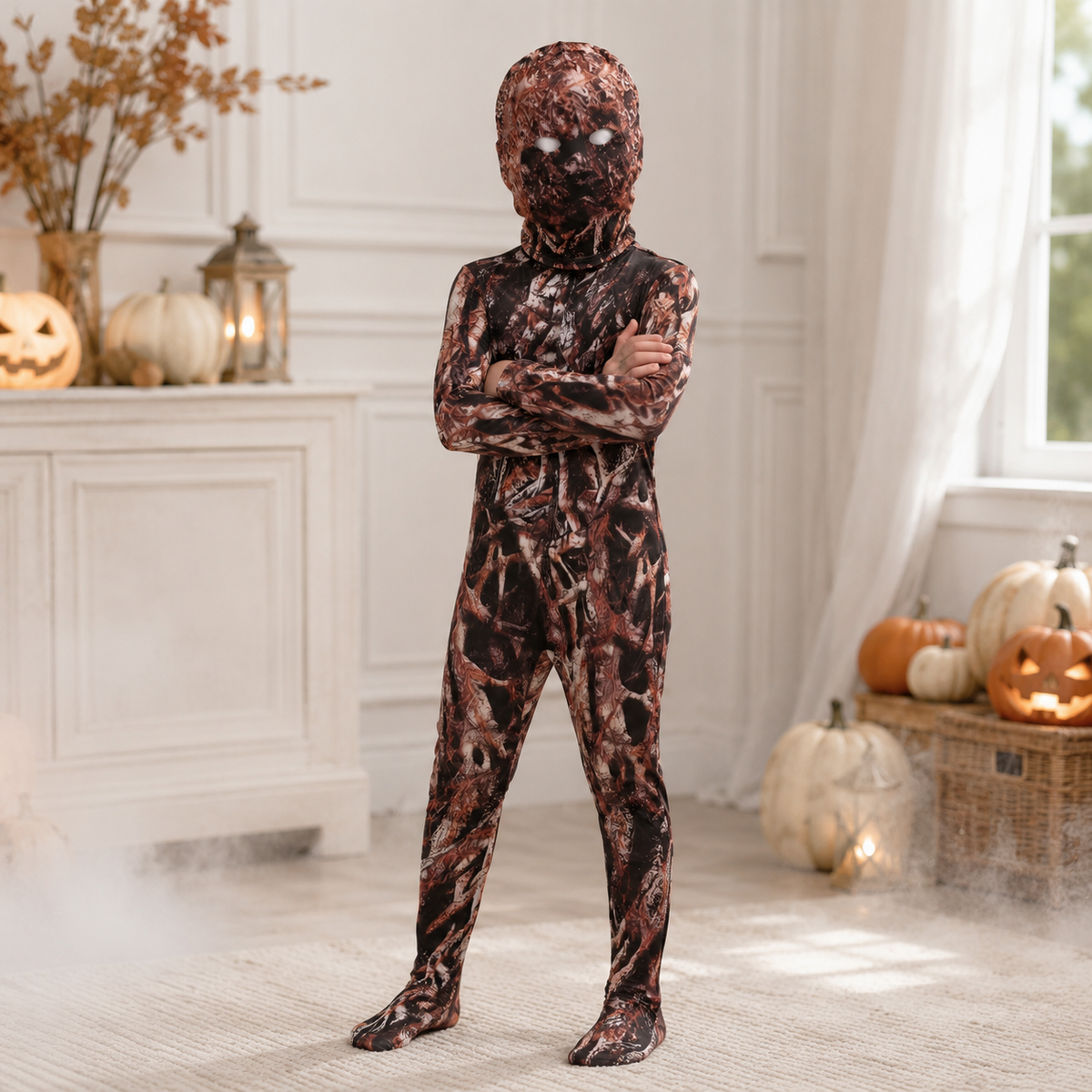 Kids Tree Monster Costume Root Print Bodysuit Hood Mask Horror