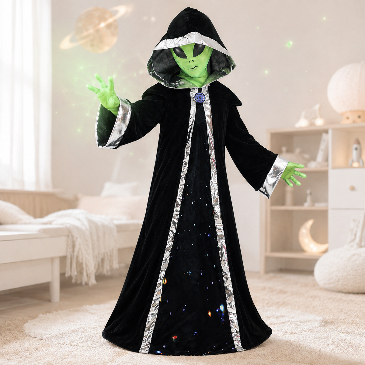 Kids Alien Costume Hooded Galaxy Robe Green Alien Mask and Gloves