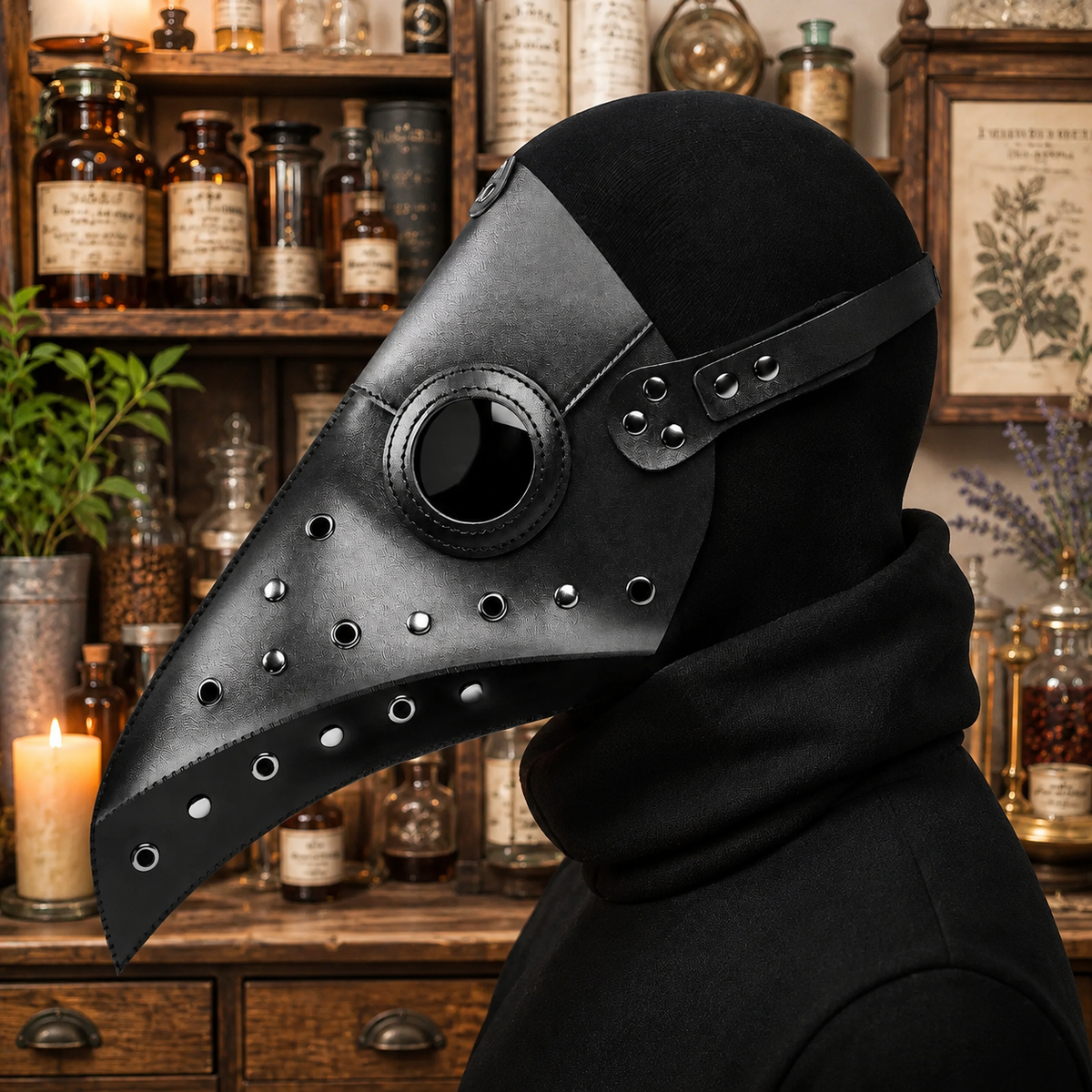 Plague Doctor Mask Black Faux Leather Bird Beak Steampunk Costume