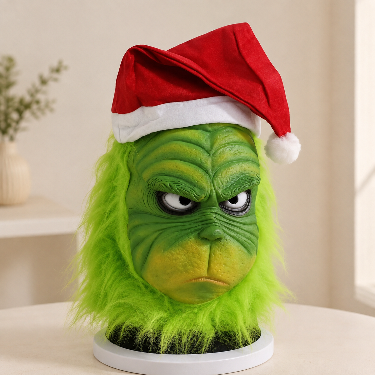 Green Christmas Grinch Style Latex Mask Furry Face Santa Hat Adult