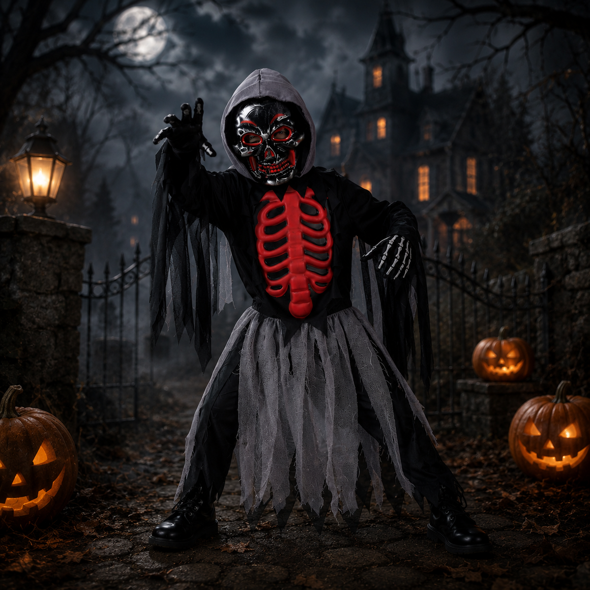 Kids Grim Reaper Costume Hooded Tattered Robe Red Ribcage Skeleton