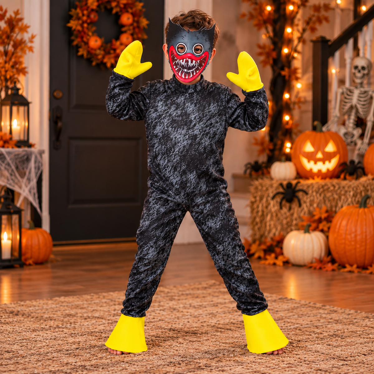 Kids Plush Monster Costume Jumpsuit Toothy Mask Yellow Gloves Feet