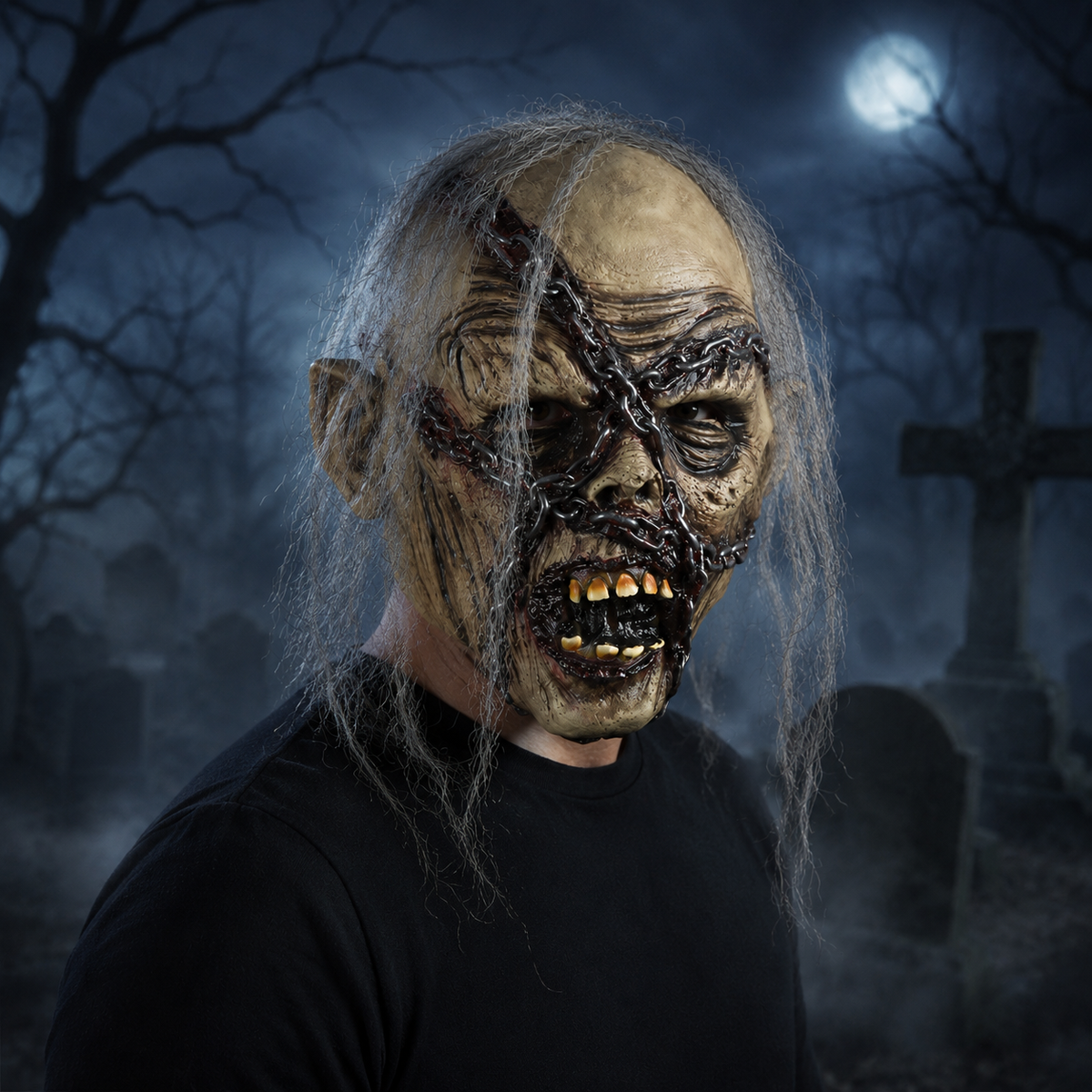 Chained Zombie Latex Mask Full Head Rotting Face with Gray Hair Horror