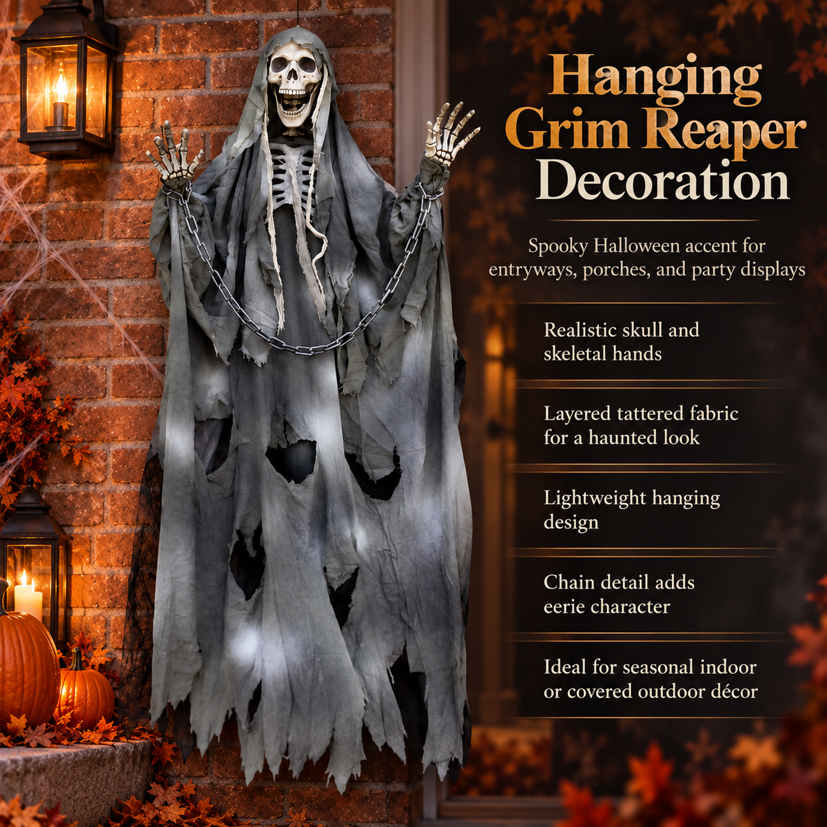 Hanging Grim Reaper Halloween Decoration Tattered Robe Skeleton Prop
