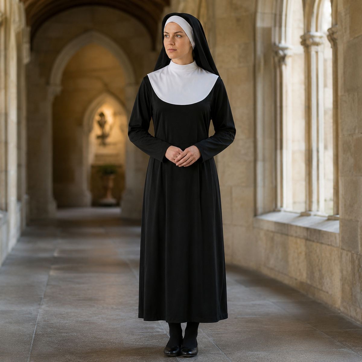 Adult Nun and Priest Costume Black Robe Veil Clerical Collar Cross