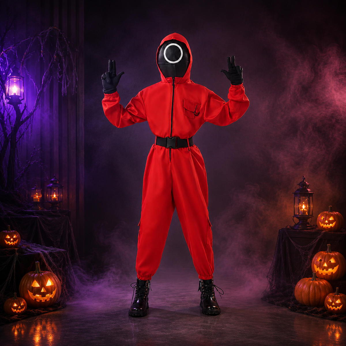 Kids Squid Game Guard Costume Red Hooded Jumpsuit Mask Gloves Belt