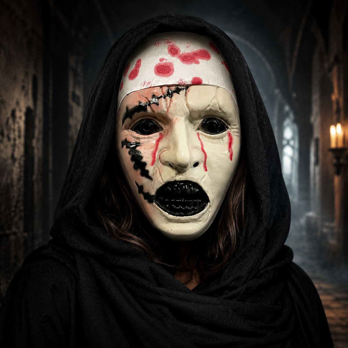 Bloody Nun Horror Mask with Black Hood Halloween Scary Face Mask