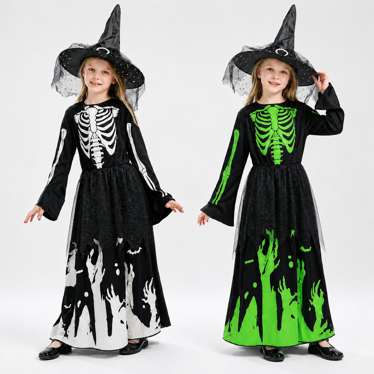 Kids Skeleton Witch Dress with Hat or Hooded Skeleton Bodysuit Costume