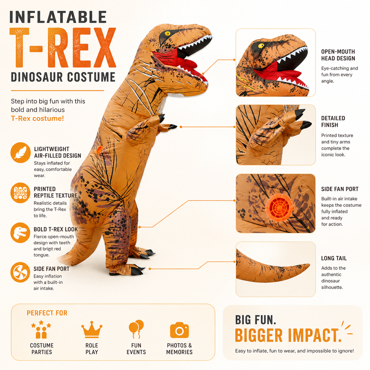 Inflatable T Rex Dinosaur Costume Blow Up Adult and Kids Halloween