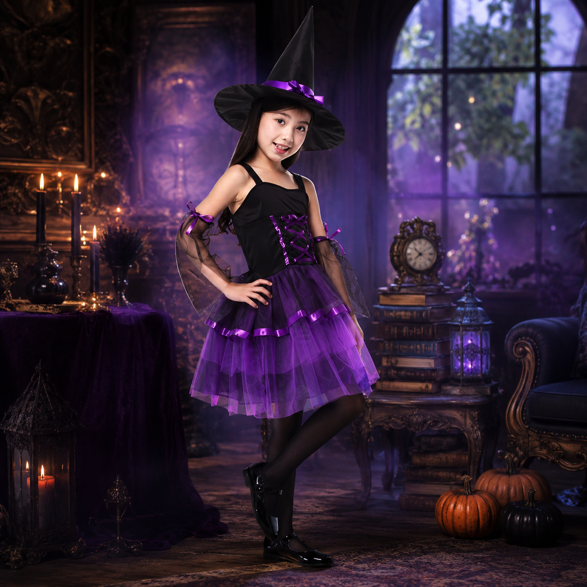Girls Witch Costume Dress with Hat Five Styles Green Purple Pink Gold