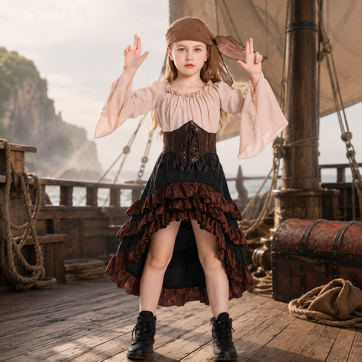 Girls Pirate Costume Blouse Corset Ruffle High Low Skirt Bandana