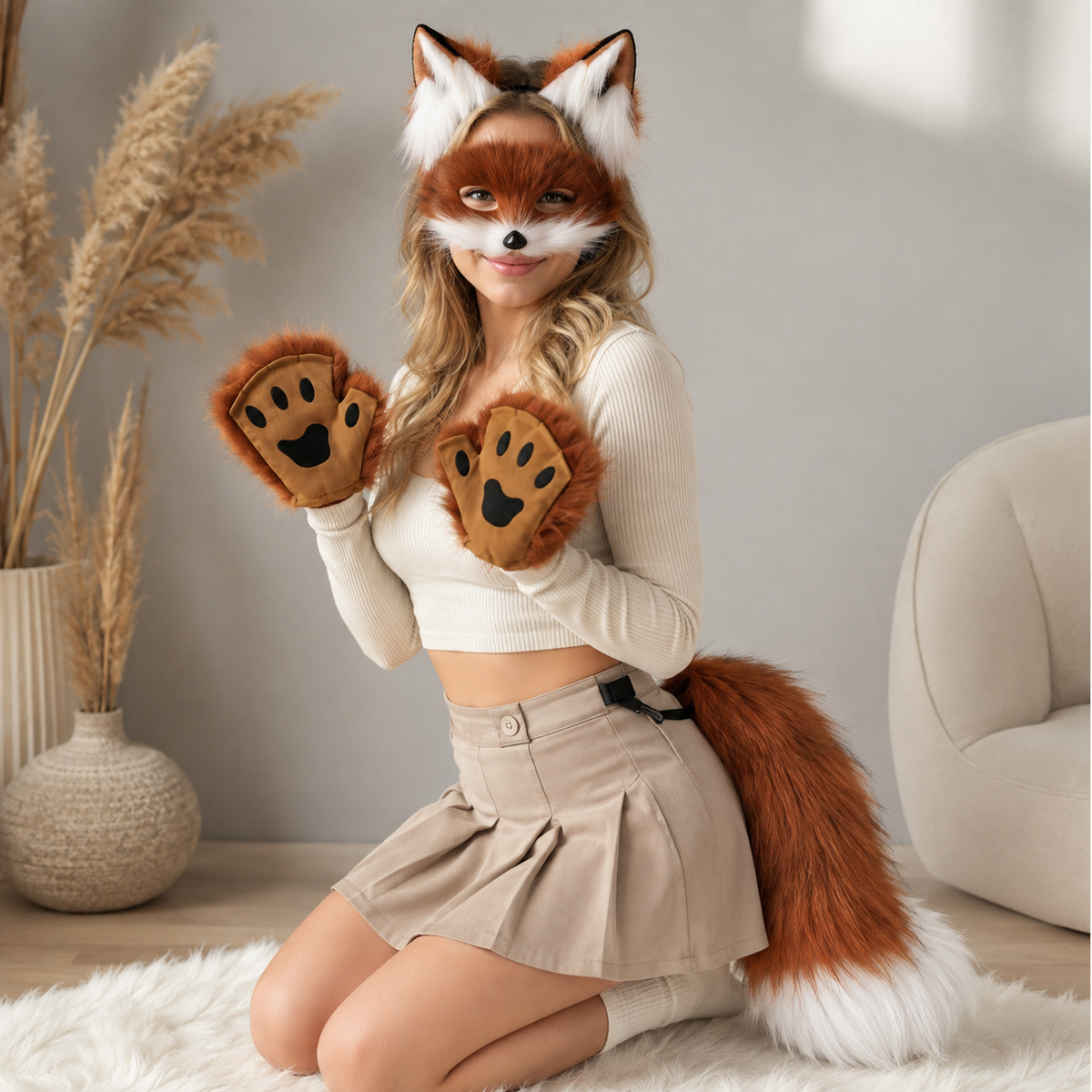 Fox Costume Set Plush Ears Headband Mask Tail Paw Gloves Cosplay