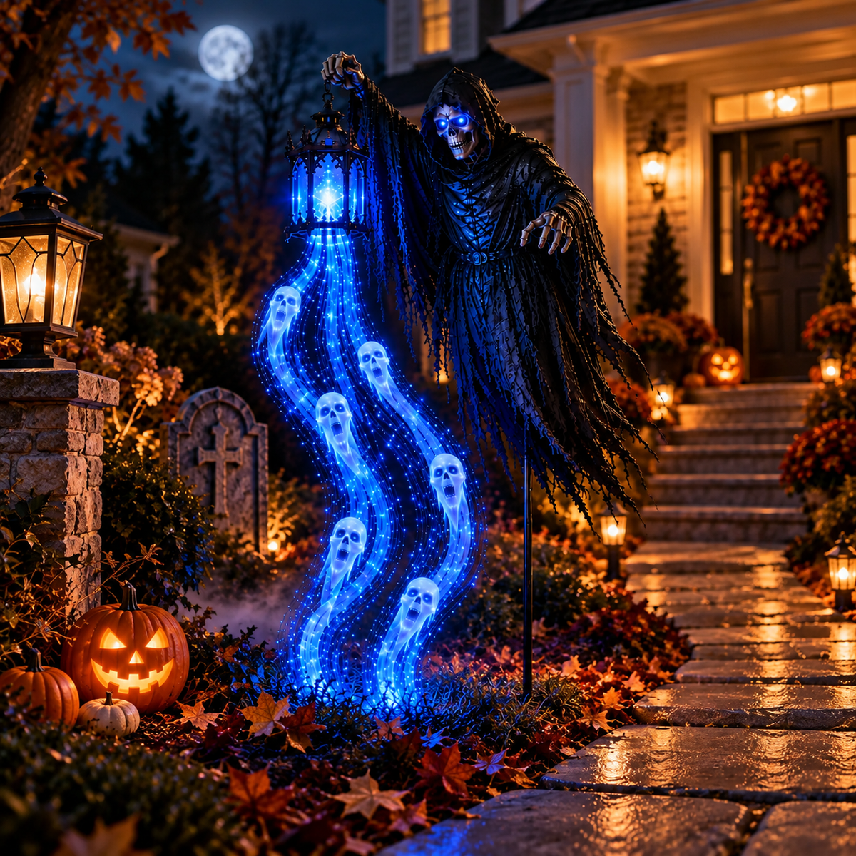 Grim Reaper Solar Yard Light with Lantern and Blue Ghost Glow Stake