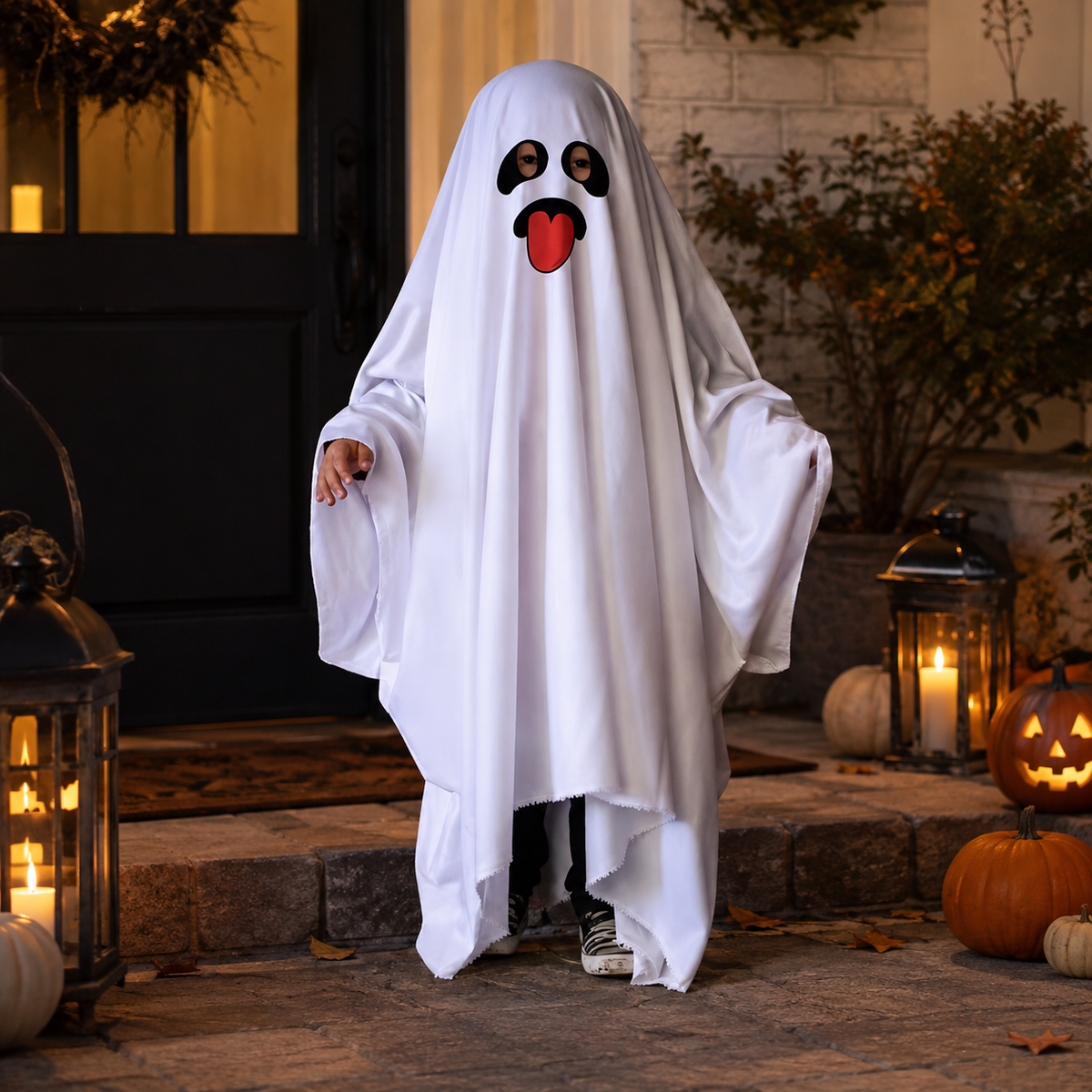 Kids Ghost Costume White Sheet Poncho with Cute Face Print Halloween
