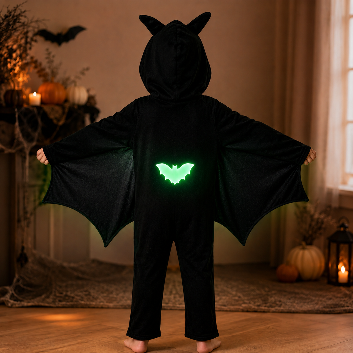 Kids Glow in the Dark Bat Costume Hooded Jumpsuit with Wings Halloween