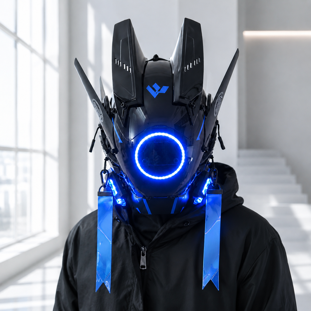 Cyberpunk LED Helmet Mask Glowing Ring Light Wing Fins Rave Cosplay
