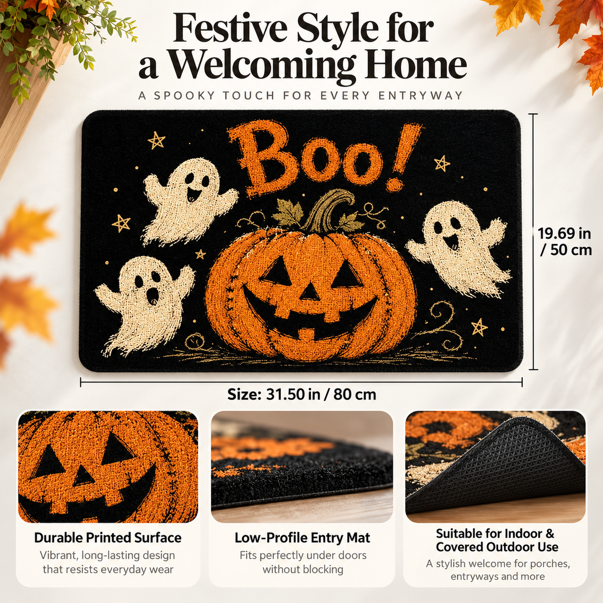 Halloween Fall Doormat Boo Pumpkin Non Slip Welcome Mat Entryway