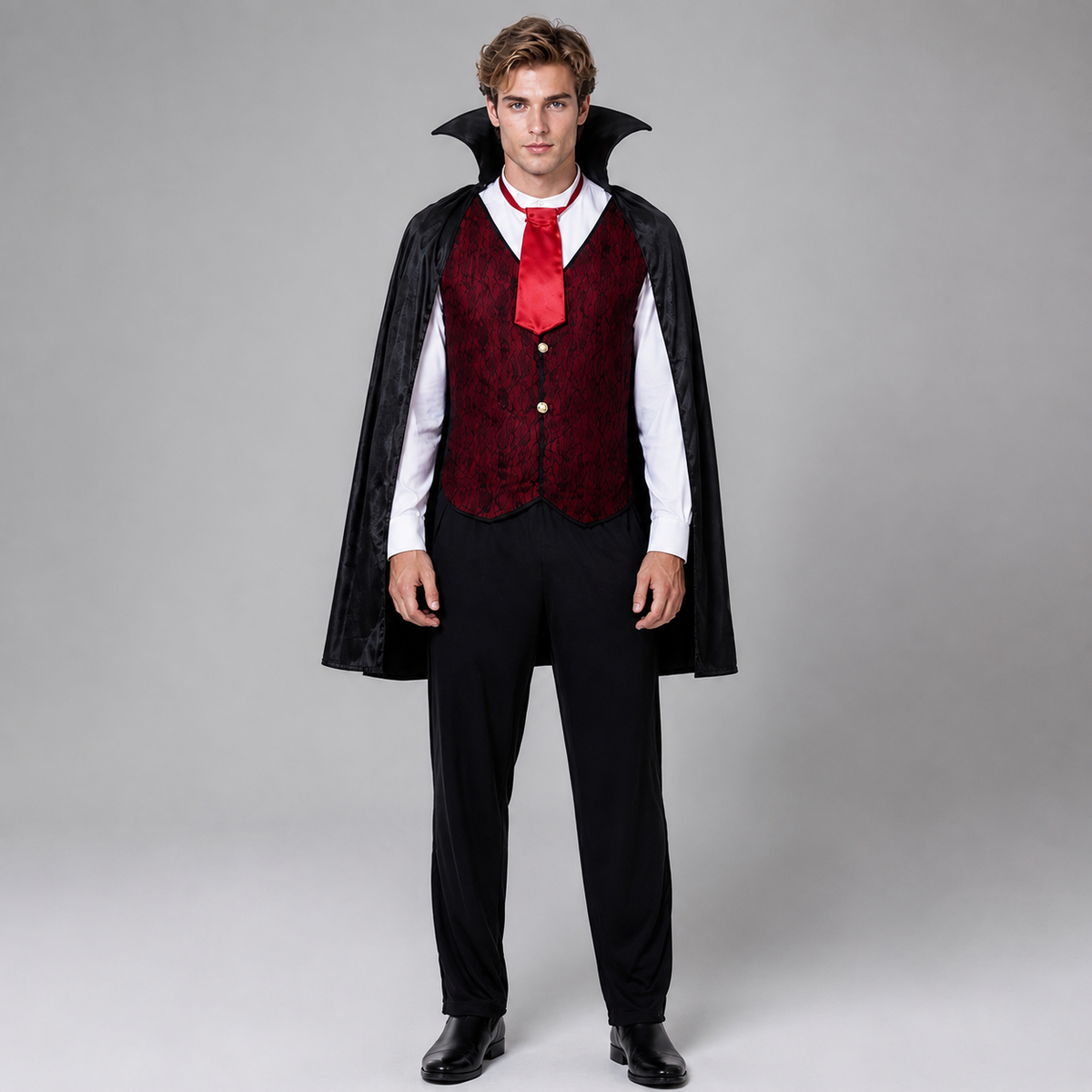 Mens Vampire Costume Satin Cape High Collar Vest Ruffle Shirt Dracula