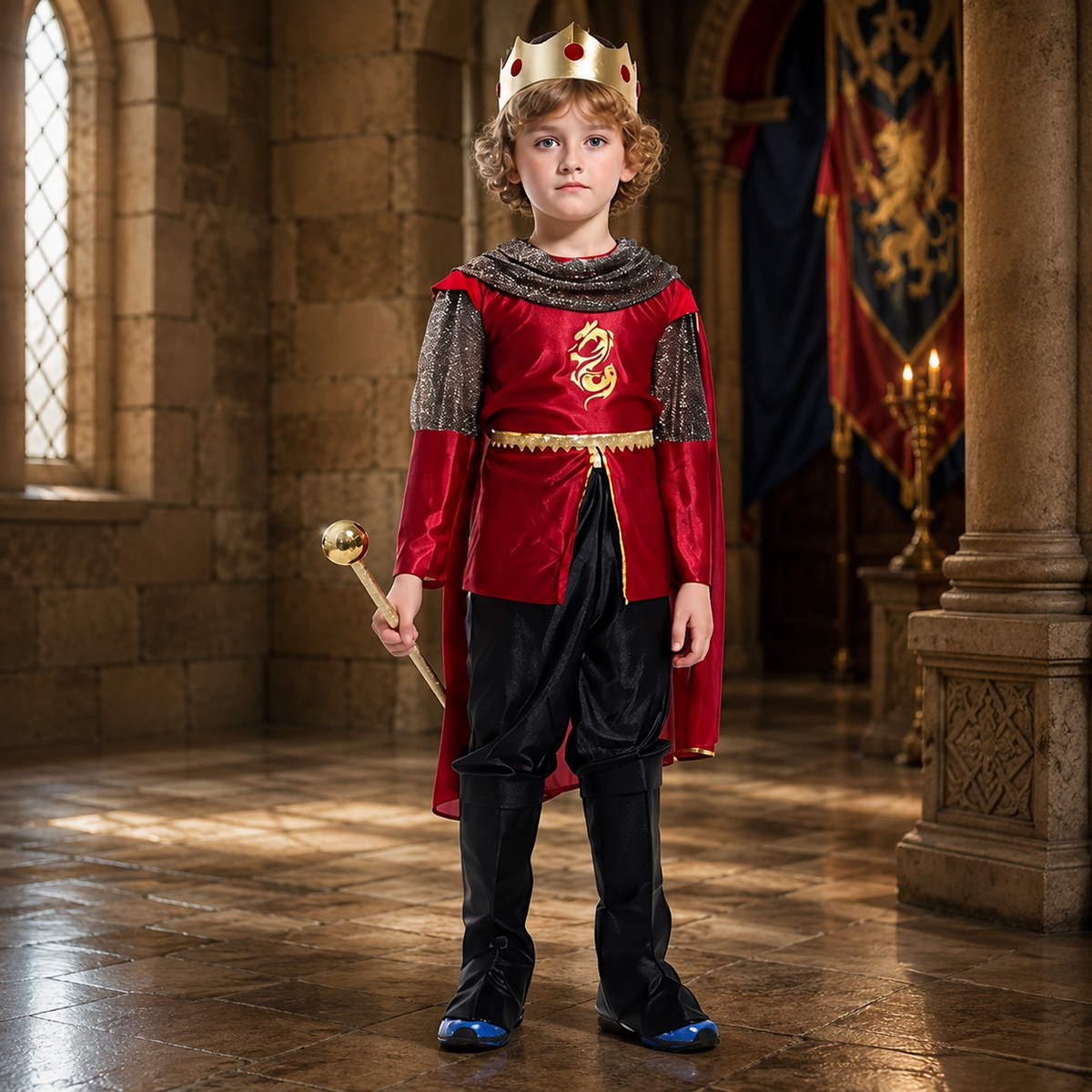 Boys Medieval King Costume Set Tunic Cape Crown Scepter Boot Covers