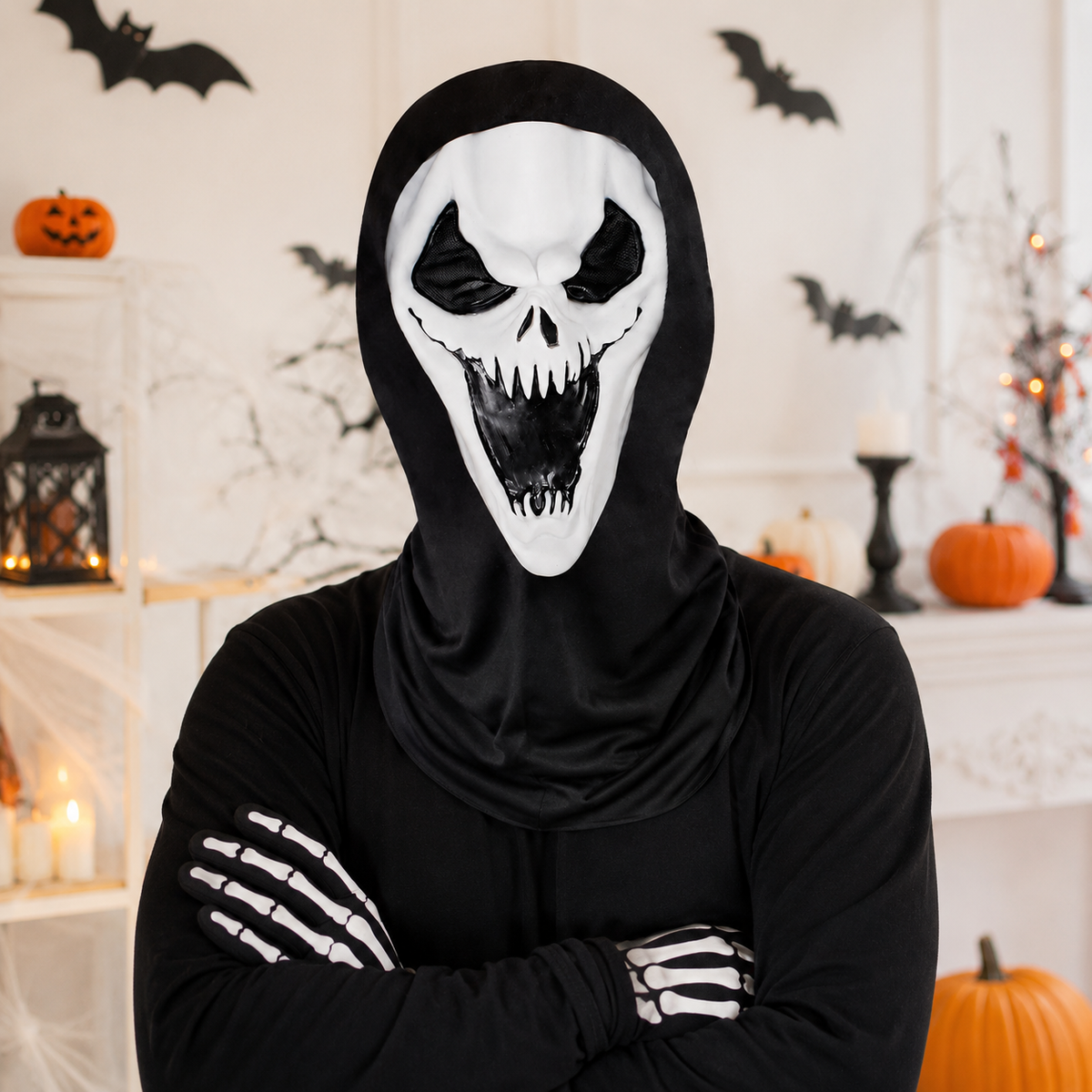 Ghost Face Mask with Hood Mesh Eyes Scream Horror Halloween 5 Styles