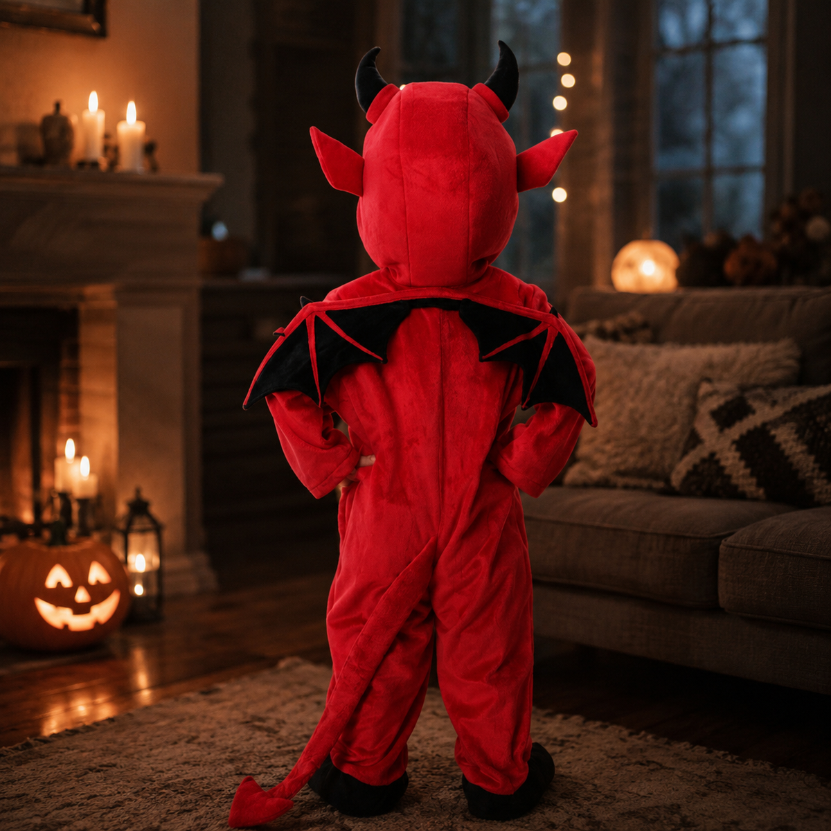 Kids Red Devil Costume Hooded Jumpsuit with Bat Wings Horns and Tail