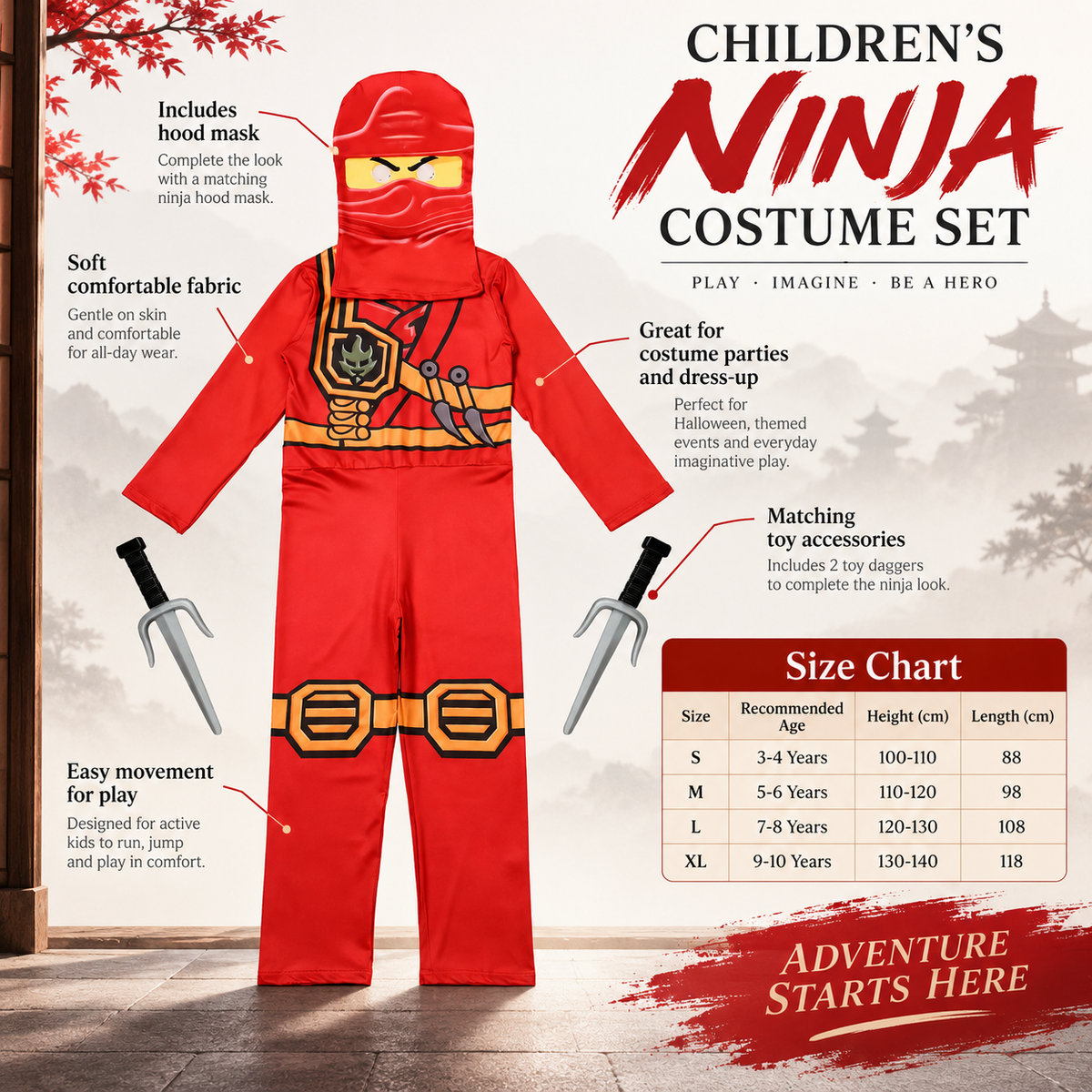 Kids Ninja Costume Red or Green Jumpsuit Hood Mask and Toy Sai Set