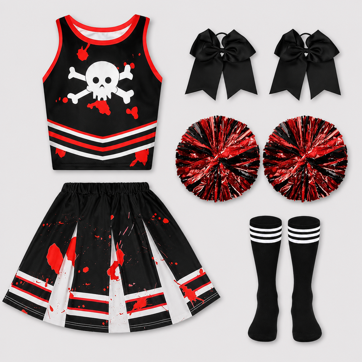Girls Zombie Cheerleader Costume Bloody Uniform Pom Poms Socks Bows