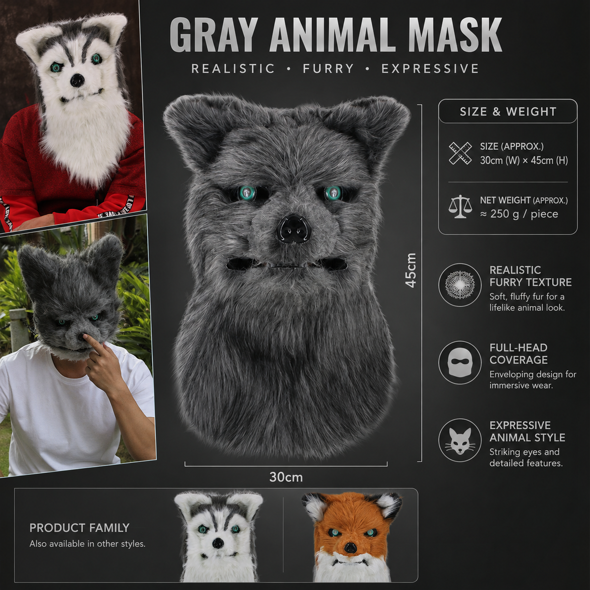 Furry Animal Head Mask Husky Wolf Fox Cat Plush Full Head Costume