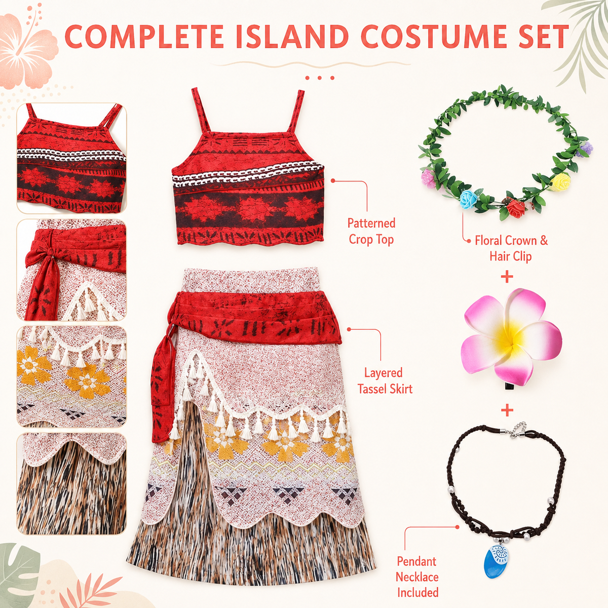 Island Princess Costume Red Crop Top Tassel Skirt Flower Crown Necklace