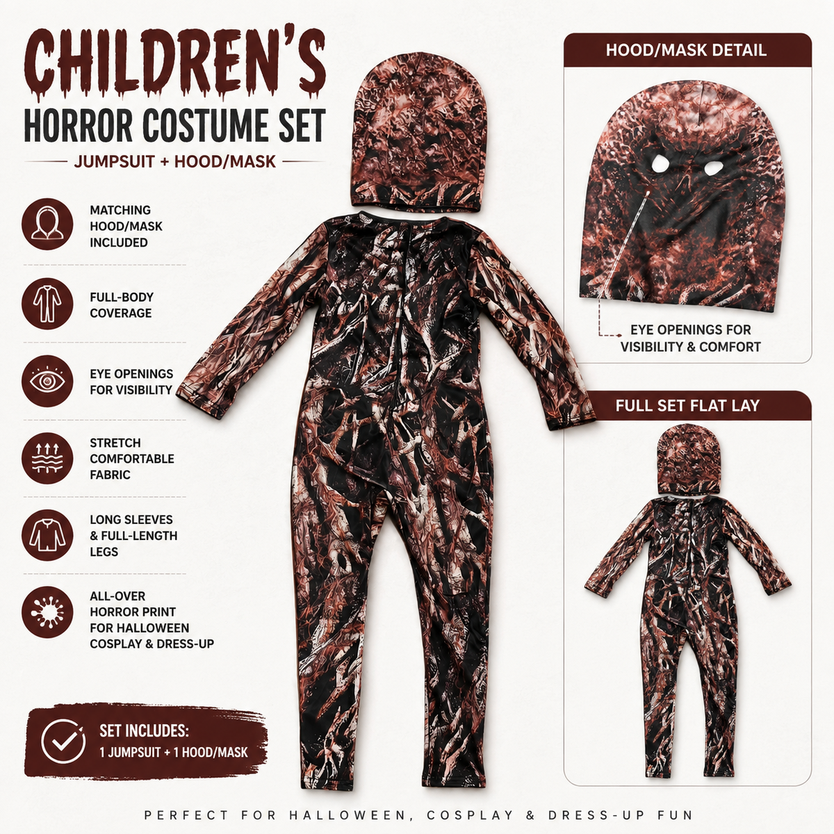 Kids Tree Monster Costume Root Print Bodysuit Hood Mask Horror