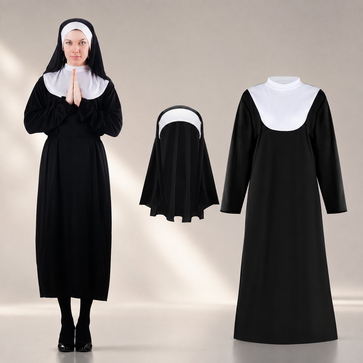 Adult Nun and Priest Costume Black Robe Veil Clerical Collar Cross