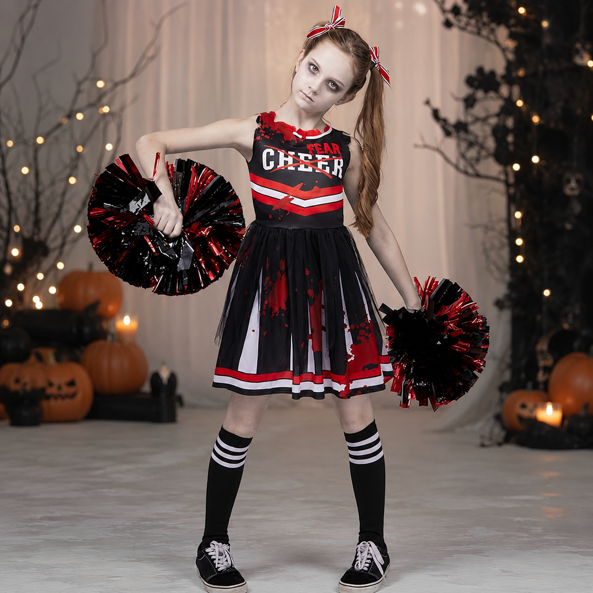 Girls Zombie Cheerleader Costume Bloody Uniform Pom Poms Socks Bows