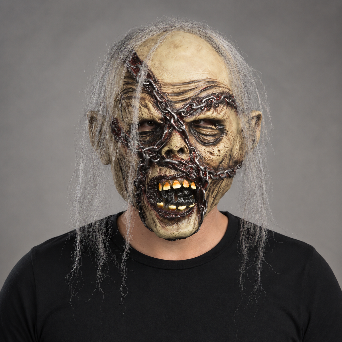 Chained Zombie Latex Mask Full Head Rotting Face with Gray Hair Horror