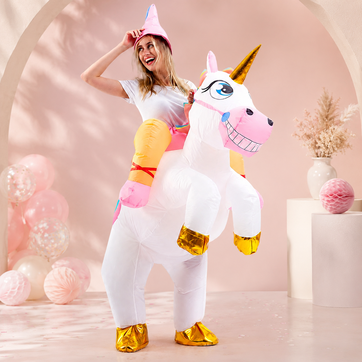 Inflatable Unicorn Ride On Costume Adult Rainbow Tail Pointed Hat