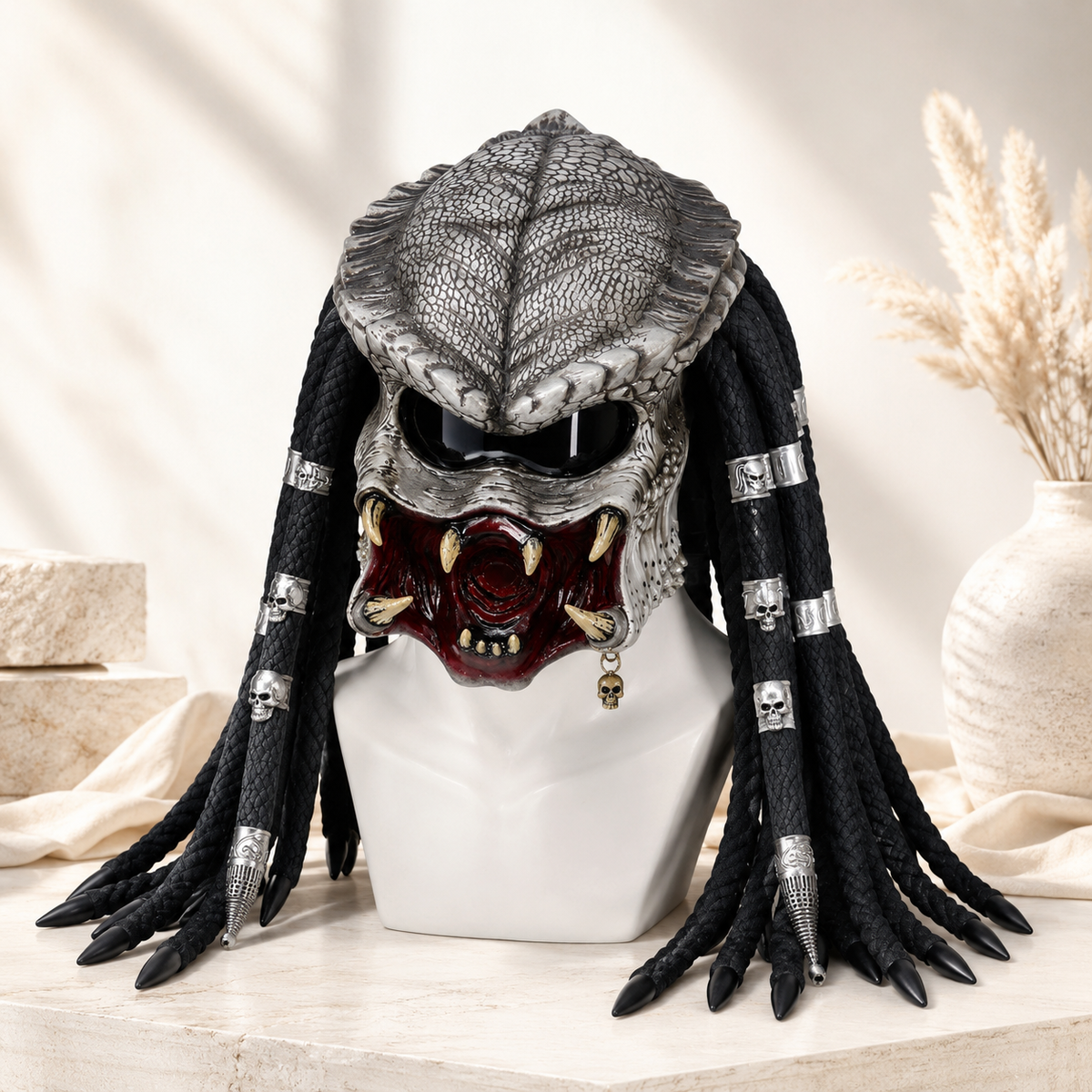 Alien Hunter Predator Style Mask Full Head Braided Dreadlocks Fangs