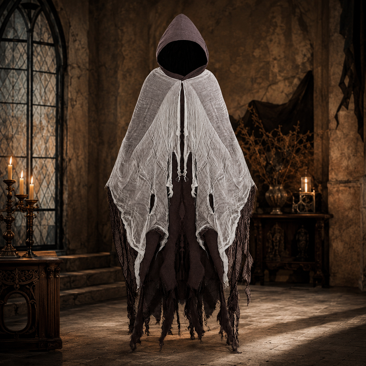 Adult Ragged Hooded Ghost Cloak Tattered Gauze Wraith Costume Cape