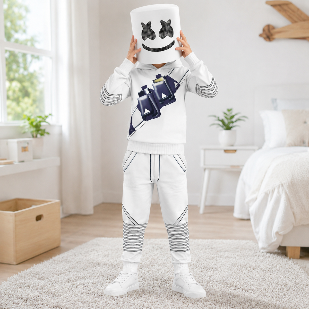 Kids Marshmello Style DJ Costume White Hoodie Joggers Mask Options