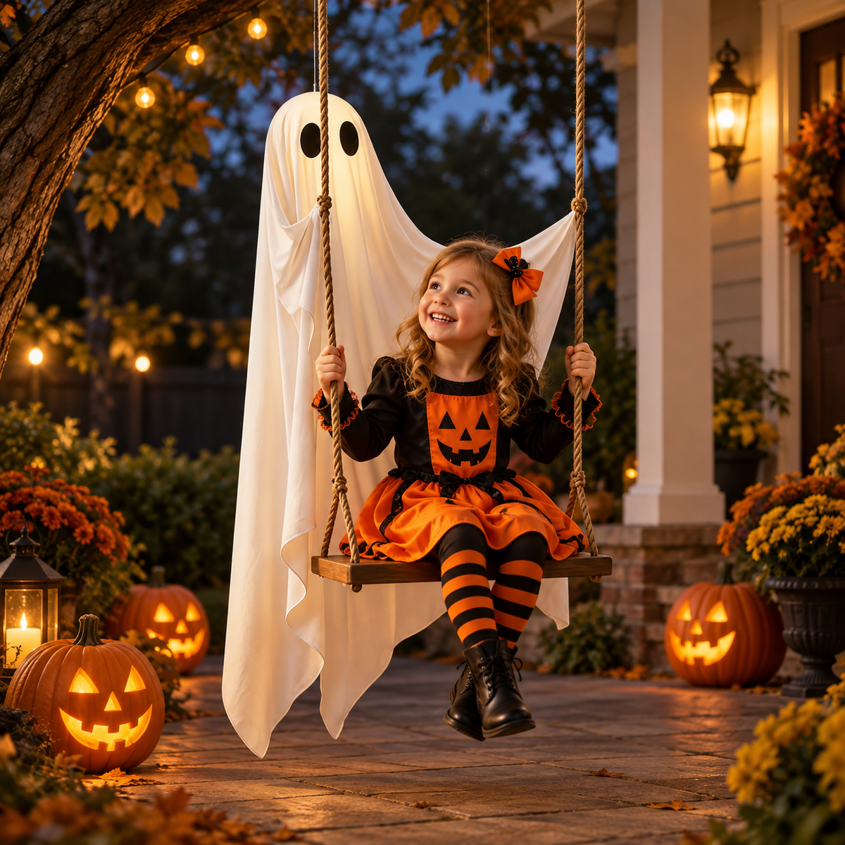 Hanging Ghost Swing Halloween Decoration Wooden Seat Porch Tree Decor