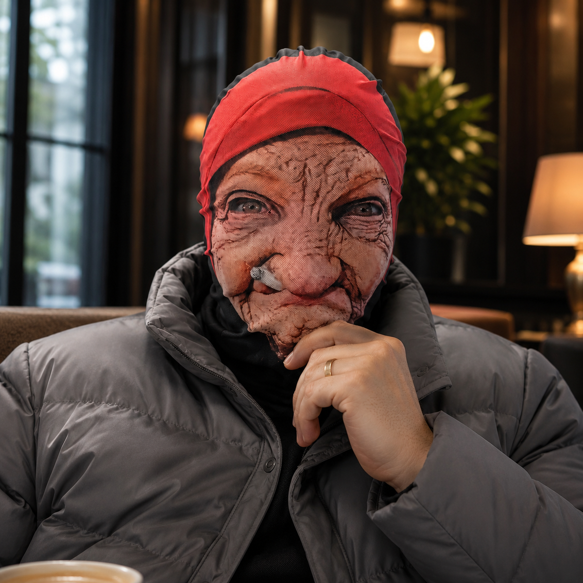 Funny Old Lady Face Mask Wrinkled Granny with Red Headscarf Prank